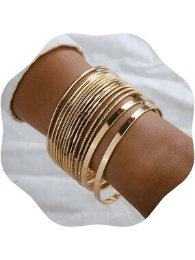 14Pcs Gold Boho Indian Multi Bangle Bracelet Set for Girls Punk Chunky Stackable